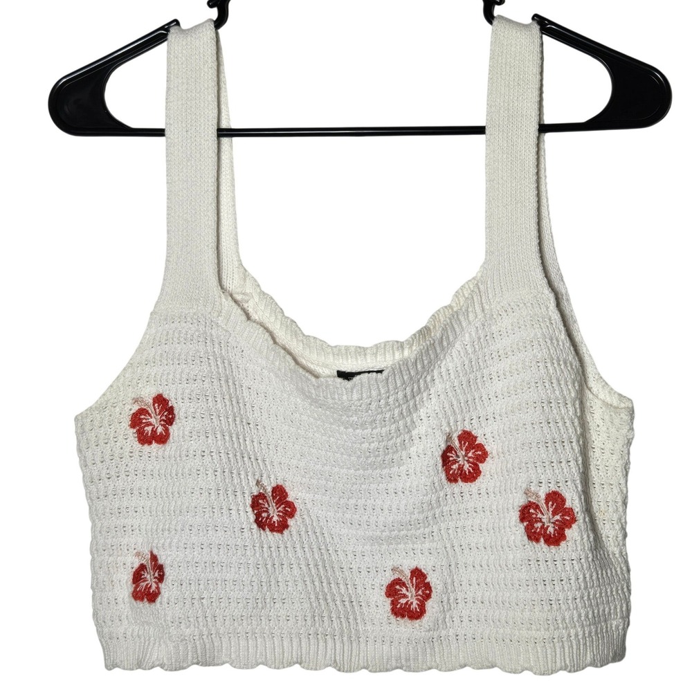 Wild Fable White Knit Hibiscus Embroidered Crop Tank Top Large Boho Festival